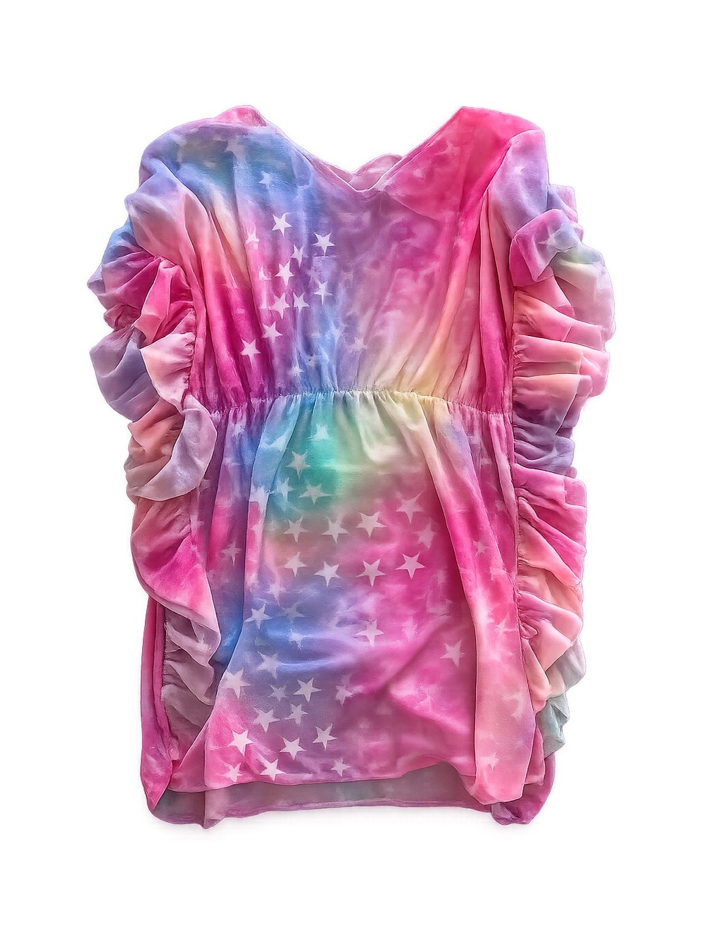 Mia Belle Girls Rainbow Star Tie-Dye Ruffle Cover Up / Dress - Pink Multi - 6/6X